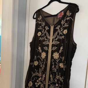 Johnny Was Brown and Gold Embroidered Maxi Dress
